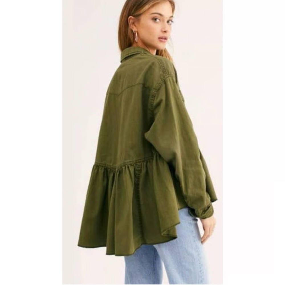 Free People Happy Days Peplum Shirt Jacket Olive Green - Small